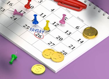 26 Nisan 2019 takvim renkli pimleri ve sikke ve kelime payday ile daire içinde yer ile