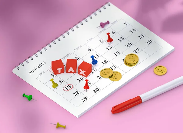 Concept image of calendar with pins and gold coins and cubes with word TAX. 3D Render Illustration isometric calendar of 15 april payday or payroll or tax. Pinned day, closeup.