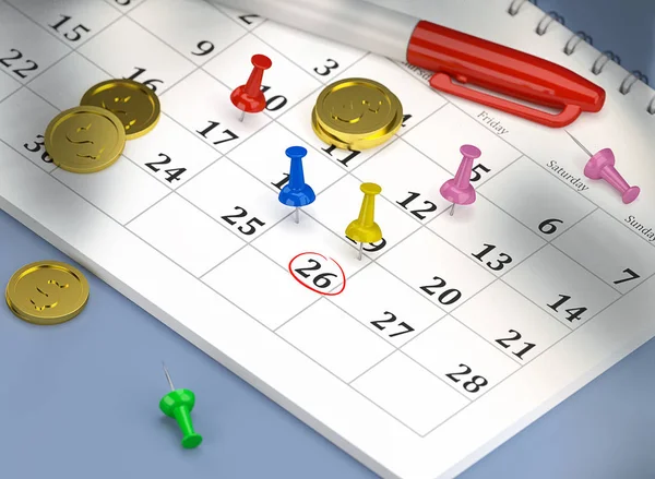 26位圆形日历, 带蓝色别针、金币和红笔. — 图库照片