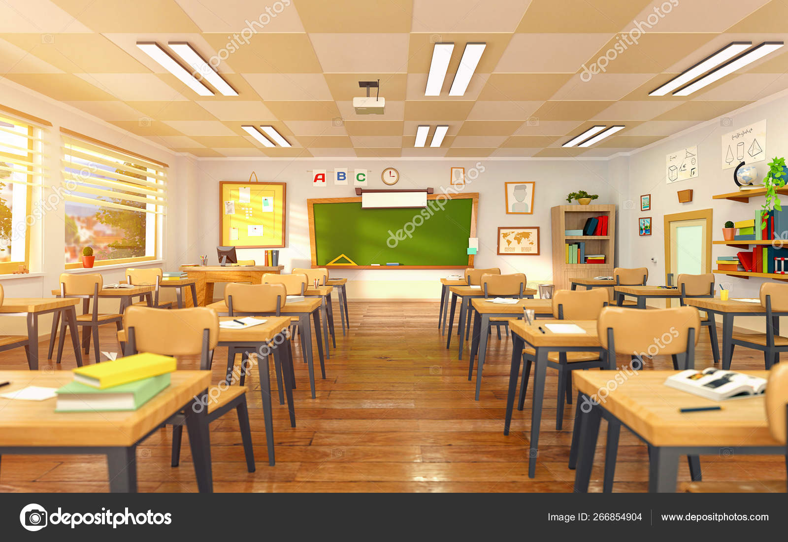 Empty school classroom in cartoon style. Education concept without students. Stock Photo by ©SlaSla 266854904 Empty school classroom in cartoon style. Education concept without students. Stock Photo by ©SlaSla 266854904