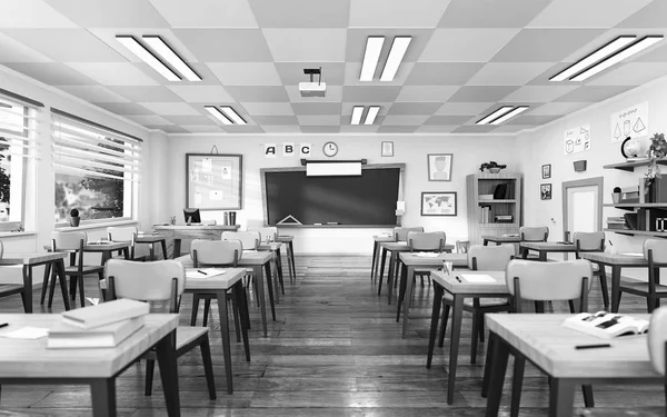 Tomt skolklass rum i tecknad stil. Utbildningskoncept utan studenter. — Stockfoto