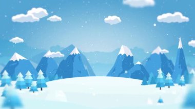 Çam ağaçları, kar taneleri ve bulutlarla kaplı kış manzarası. Düz karlı Noel ormanı ve dağlar. Mavi gökyüzü ve kar arkaplanı.