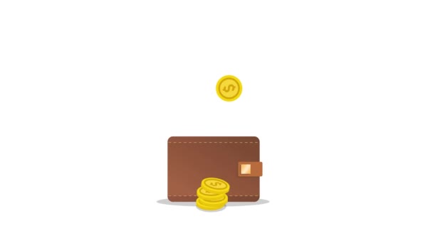 Koin Dolar Emas Jatuh Dalam Dompet Kulit Coklat Animasi Desain — Stok Video