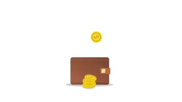 Goldene Dollarmünzen Fallen Eine Braune Ledertasche Modische Motion Design Animation — Stockvideo