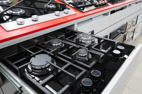 Brand new gas stove panels at appliance store — Stock Photo, Image