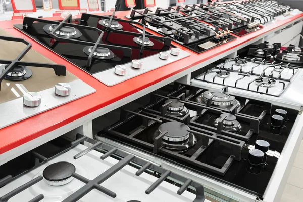 Brand new gas stove panels at appliance store — Stock Photo, Image