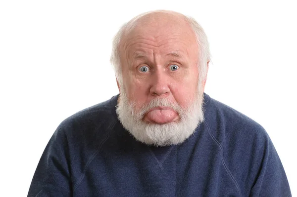 Old man sticking out his tongue isolated on white — Stock Photo, Image