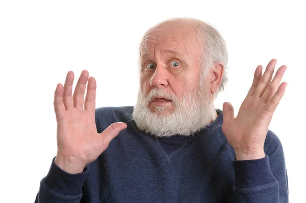 Velho homem mostra suas palmas vazias isolado no branco — Fotografia de Stock