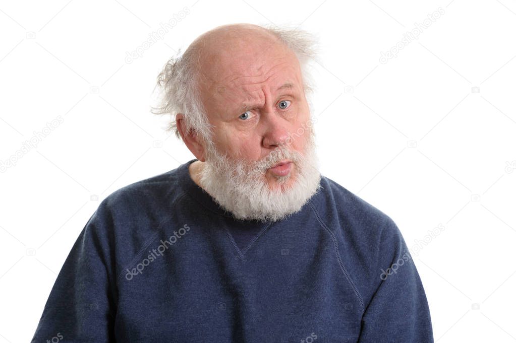 Puzzled senior man portrait isolated on white
