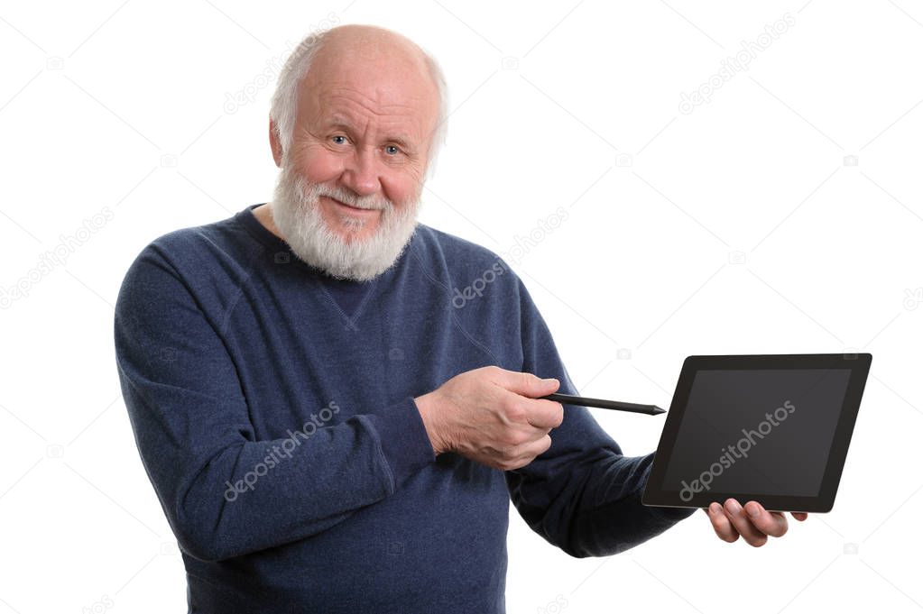 Funny old man using tablet computer isolated on white