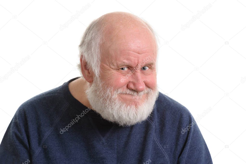 old man with insidious tricky fake smile, isolated on withe