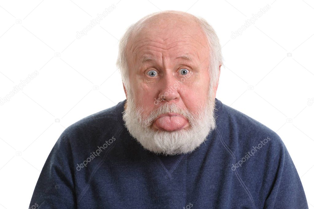 old man sticking out his tongue isolated on white