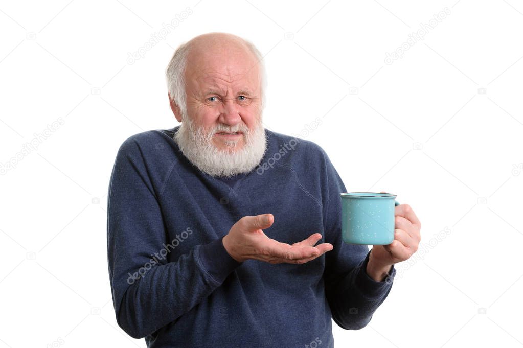 unhappy elderly man with cup of bad tea or coffee isolated on white