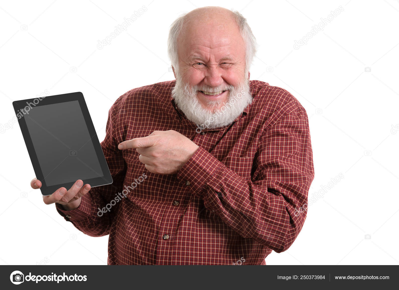 Funny old man using tablet computer isolated on white Stock Photo by  ©starush 250373984