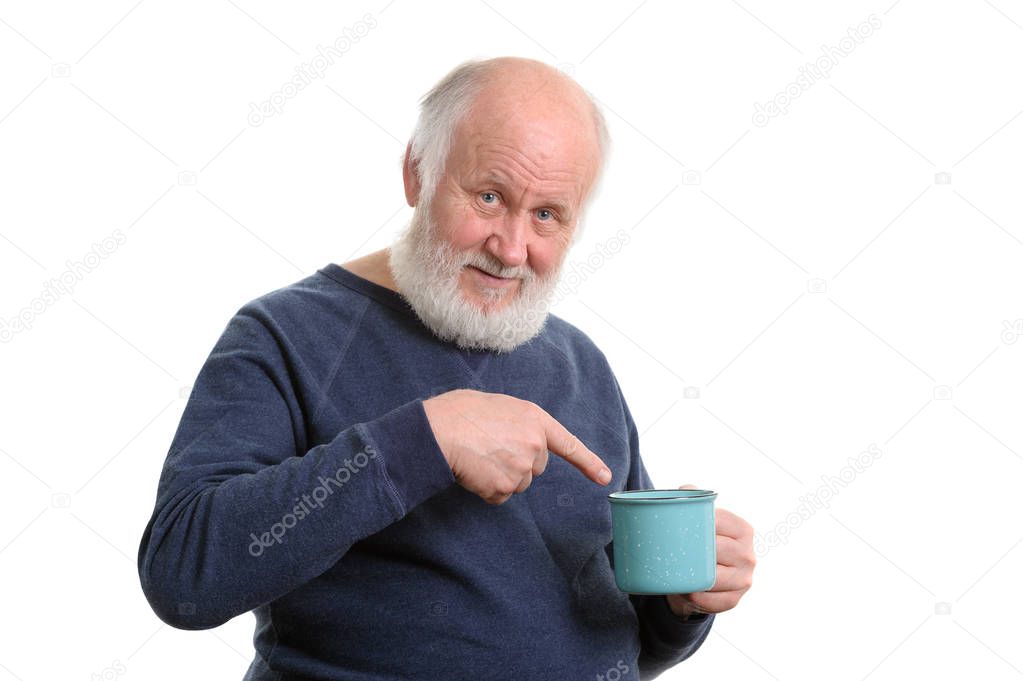 unhappy elderly man with cup of bad tea or coffee isolated on white