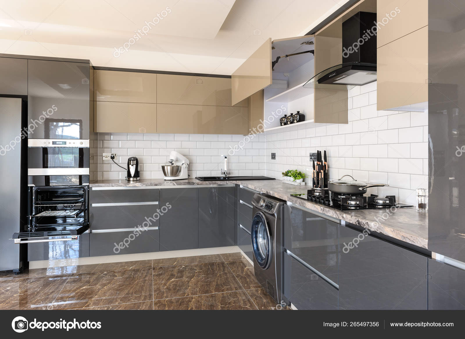 Luxury Modern White Beige And Grey Kitchen Interior Stock Photo Image By Starush 265497356
