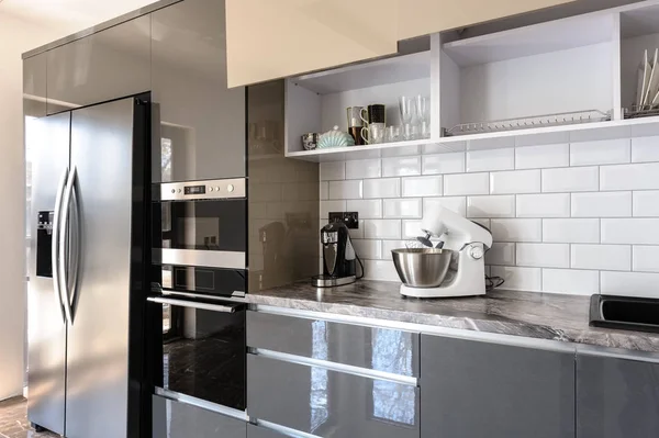 Luxury modern white, beige and grey kitchen interior — Stock Photo, Image