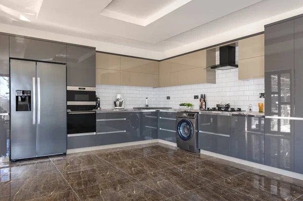 Luxury modern white, beige and grey kitchen interior — Stock Photo, Image