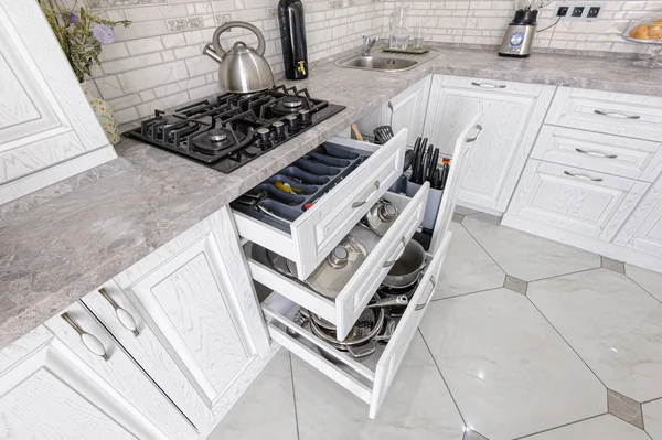 Interior dapur kayu putih modern — Stok Foto