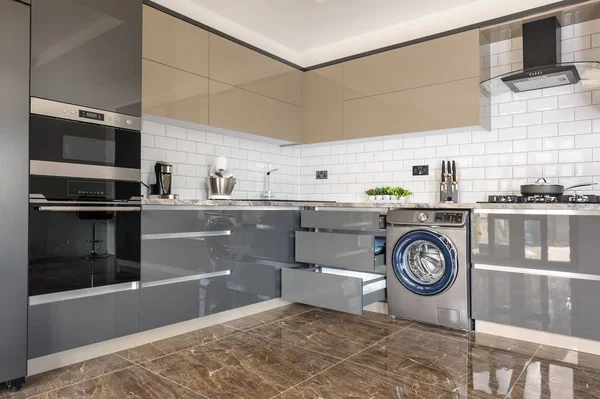 Luxury modern white, beige and grey kitchen interior — Stock Photo, Image