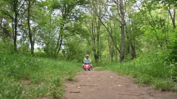 Niño montando un coche de juguete en el parque forestal — Vídeo de stock
