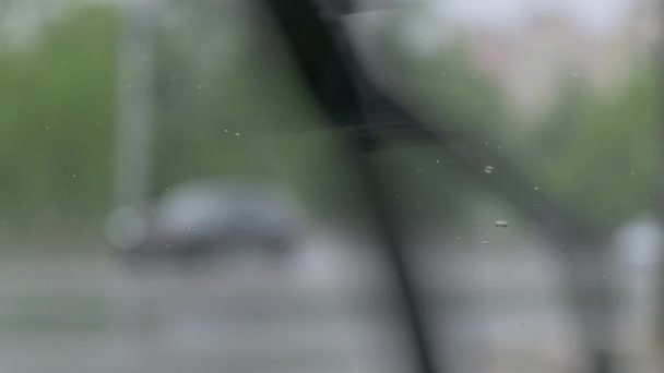 Cadute di pioggia sul parabrezza dell'auto, traffico sfocato all'esterno — Video Stock