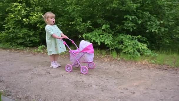 Niña caminando con su cochecito de juguete en el parque de verano — Vídeo de stock