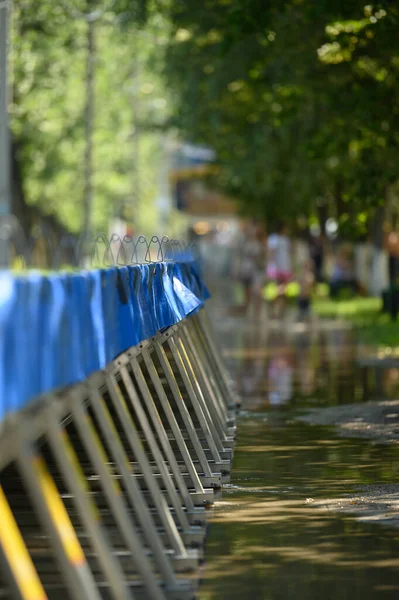 Special water barriers to prevent flood caused by river spill after heavy rains set in Vadul lui Voda beach area — Stock Photo, Image