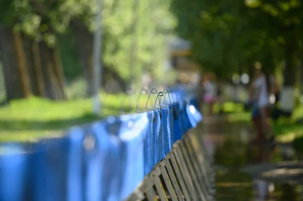 Special water barriers to prevent flood caused by river spill after heavy rains set in Vadul lui Voda beach area — Stock Photo, Image