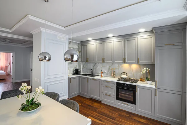 Grey luxury studio kitchen designed in modern style