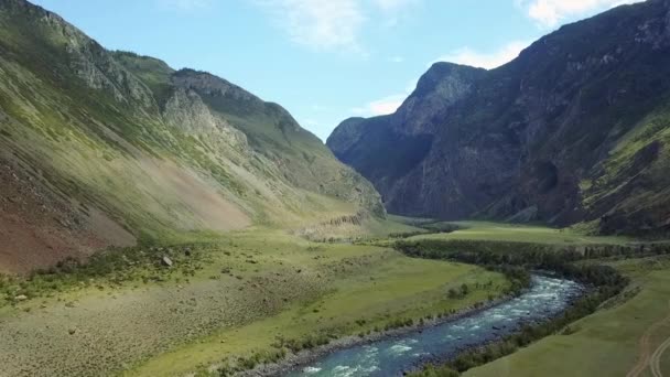 Vallée Montagne Altay Rivière Montagne Coulant Entre Hautes Montagnes Enneigées — Video