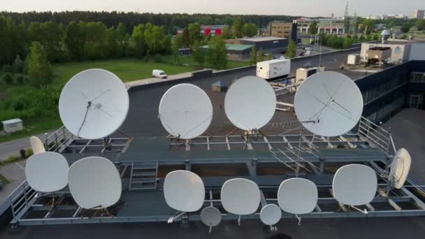 Satellites Dishes Transmitting Receiving Digital Television Broadcast Signals Aerial Dron — Stock Video