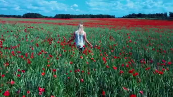 Mladá Blondýnka Kráčí Přes Pole Máku Cítí Šťastná Pole Makové — Stock video