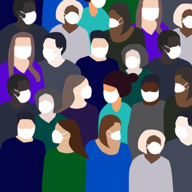 Coronavirus Covid-19 Koruması için Ppe maskesi takan çok ırklı insanlar. Beyaz Tıbbi Yüzlü Maskeli İnsanlar. Coronavirus Karantina Vektörü İllüstrasyonu. Tıbbi Yüz Maskeli İnsanlar.