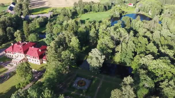 ディクリ宮殿と公園の上空の空中ビュー ラトビアのシティ ヴァルミエラにある古荘園 夏の緑の庭 Dron Video — ストック動画