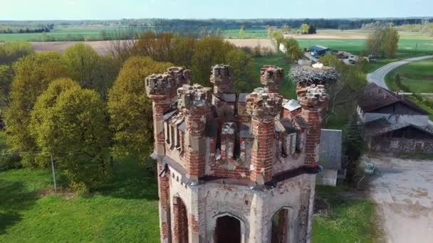 Aerial Shot Destroyed Castelo Odzienas Letônia Europa Uma Bela Ensolarada — Vídeo de Stock