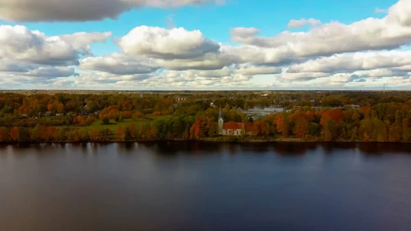 Autumn Aerial Landscape Koknese Evangelical Lutheran Church River Daugava Located — стоковое фото