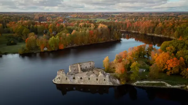 Autumn Aerial Landscapeof Stare Ruiny Zamku Koknese Rzeki Daugava Położony — Zdjęcie stockowe