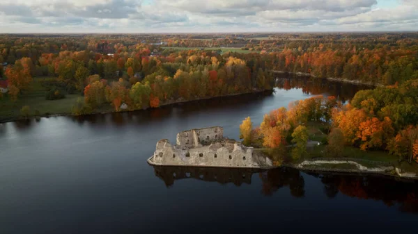 Autumn Aerial Landscapeof Old Koknese Castle Ruins River Daugava Gelegen — Stockfoto