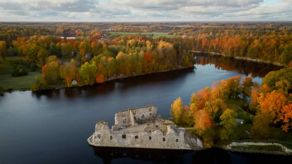 Autunno Paesaggio Aereo Del Vecchio Castello Koknese Rovine Fiume Daugava — Foto Stock