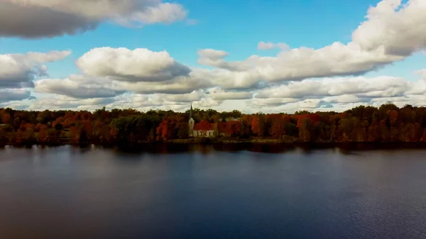 Autumn Aerial Landscape Koknese Evangelical Lutheran Church River Daugava Located — 图库照片
