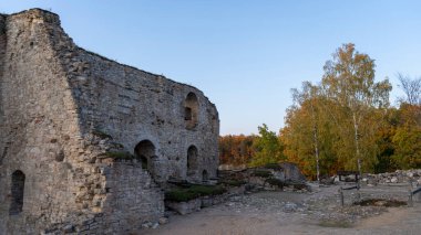 Koknese Kalesi kalıntıları ve Koknese Letonya 'da bulunan Daugava Nehri' nin sonbahar manzarası. Ortaçağ Kalesi Koknese 'de.