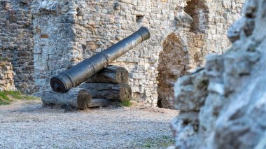 Koknese Kalesi kalıntıları ve Koknese Letonya 'da bulunan Daugava Nehri' nin sonbahar manzarası. Ortaçağ Kalesi Koknese 'de.