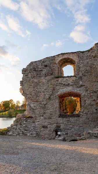 Paysage Automnal Des Ruines Vieux Château Koknese Rivière Daugava Situé — Photo