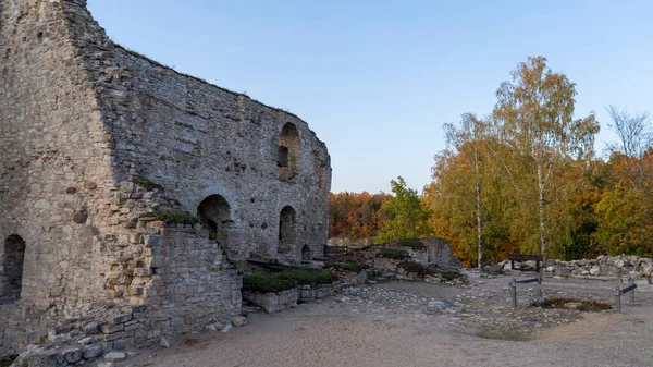Paisaje Otoñal Del Antiguo Castillo Koknese Ruinas Río Daugava Situado —  Fotos de Stock