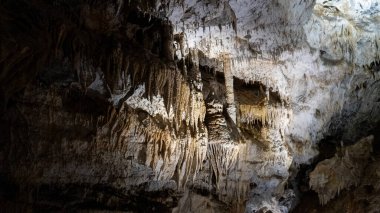 Slovakya 'nın Düşük Tatras' taki Demanovska Mağarası Stalactites Stalagmitleri ve Yeraltı Şelalesi Gölü ile Slovakya 'nın Doğal Kireç Taşı oluşumlarında En Çok Ziyaret Edilmiş Mağara