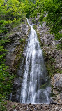 Sutovsky şelalesinin, Slovakya 'daki Mala Fatra Ulusal Parkı' ndaki yemyeşil ormanlarda şelalenin havadan görünüşü. Avrupa 'nın görkemli doğa sahnesi, seyahat, belgesel ve çevre projeleri için mükemmel.