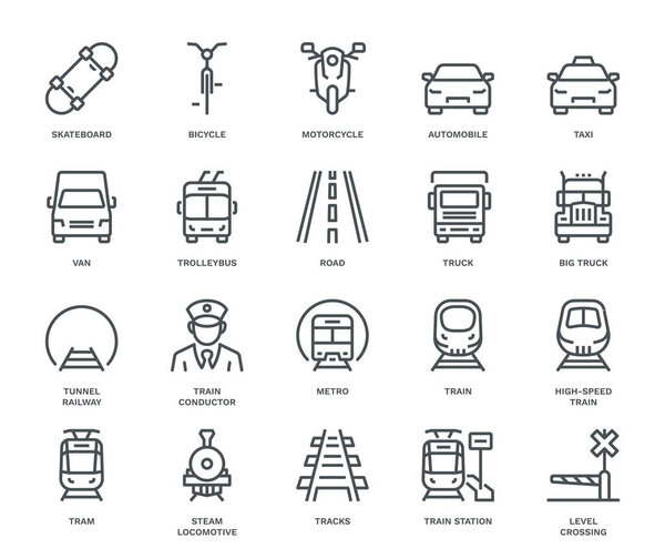 Land Transport Icons, oncoming/front view,  Monoline concept. The icons were created on a 48x48 pixel aligned, perfect grid, providing a clean and crisp appearance. Adjustable stroke weight.