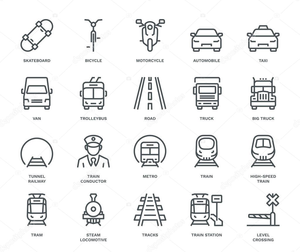 Land Transport Icons, oncoming/front view,  Monoline concept. The icons were created on a 48x48 pixel aligned, perfect grid, providing a clean and crisp appearance. Adjustable stroke weight.