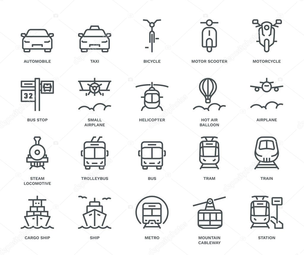 Public Transport Icons, oncoming/front view,  Monoline concept.